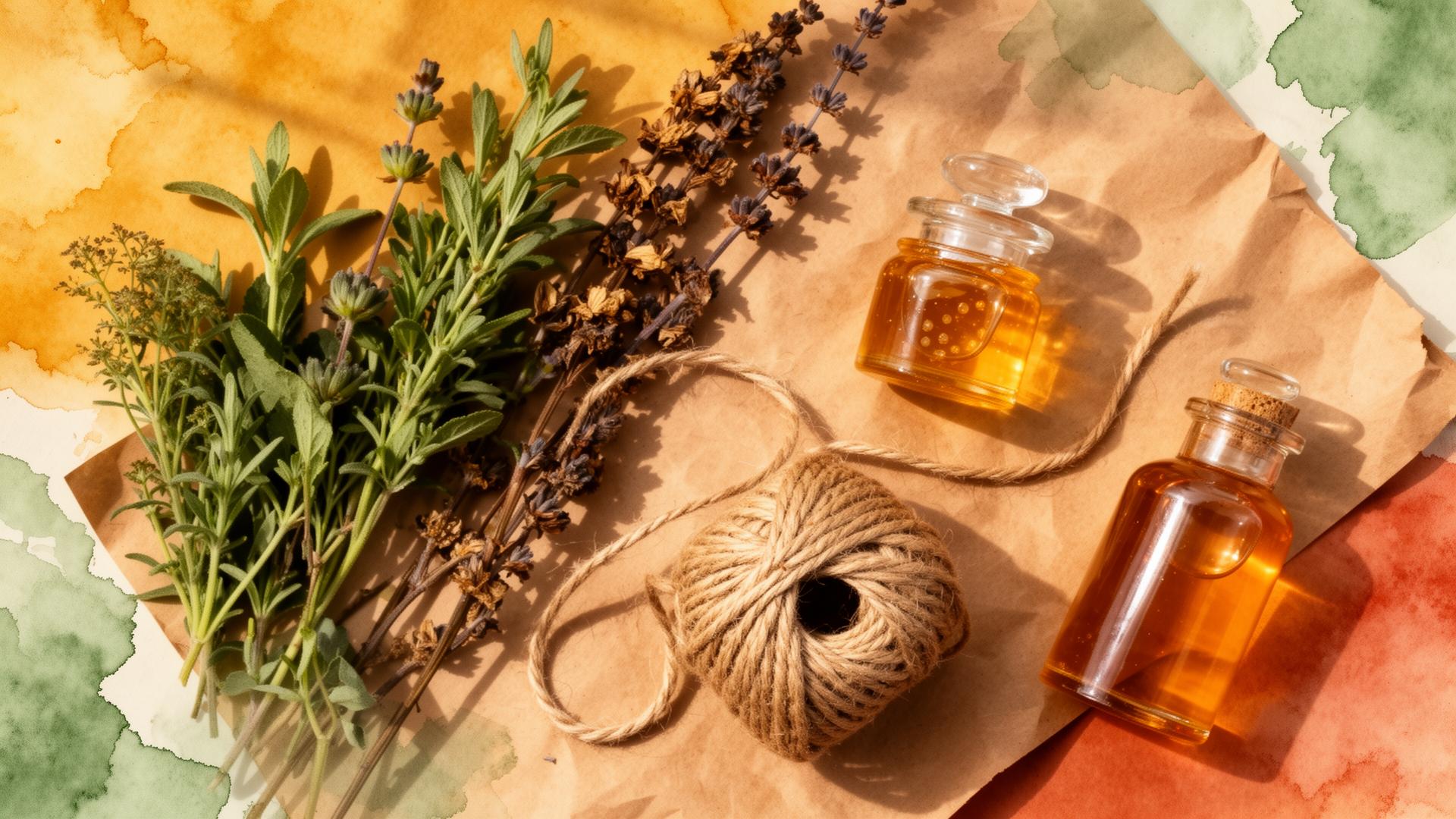 Hand-painted botanical flat-lay with herbs, tinctures, raw honey and twine